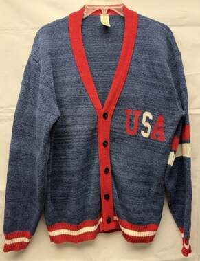 Green 3 Varsity USA Cardigan Sweater Red White Blue Americana Men Sz Medium
